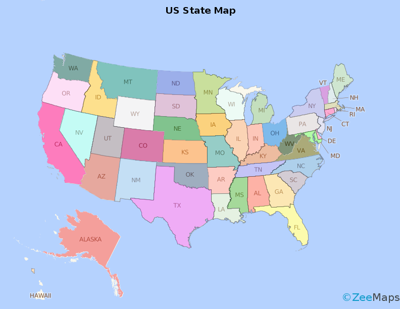 Us State Map With Extended Color Palette From Zeemaps 3734