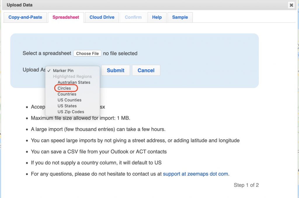 This image shows the upload data page and how to upload as circles.