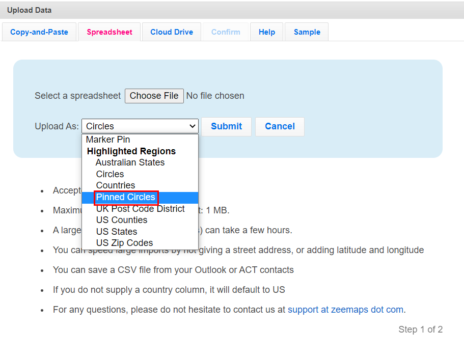 choosing pinned circles in upload data